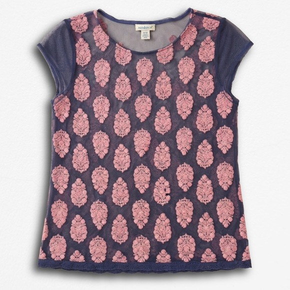Sundance Tops - Sundance Women Blue Pink Mesh Embroidered Medallion Cap Sleeve Lace Trim Top S